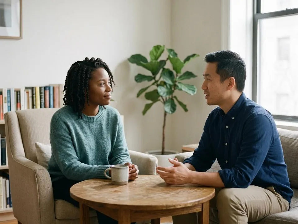 Two people sitting together, talking and listening in a quiet living room.