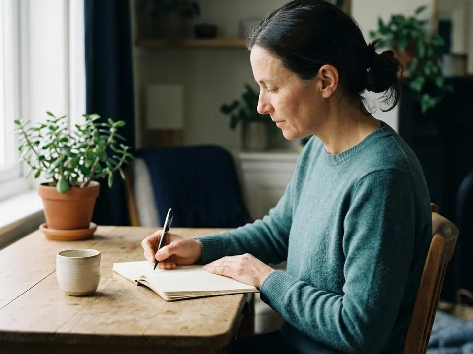 A person writing a journal entry at a desk in soft natural light.