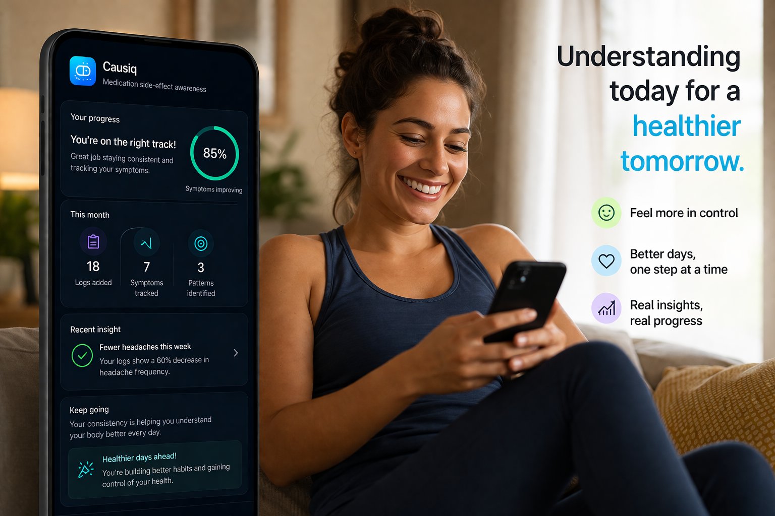 Person smiling while using the Causiq app, with the progress screen showing 85% symptom improvement