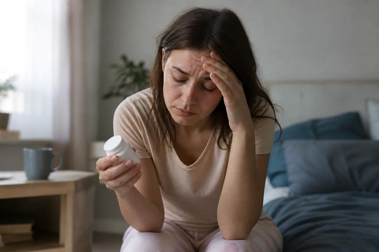 Person sitting on a bed holding a pill bottle, looking stressed and uncertain about their medication